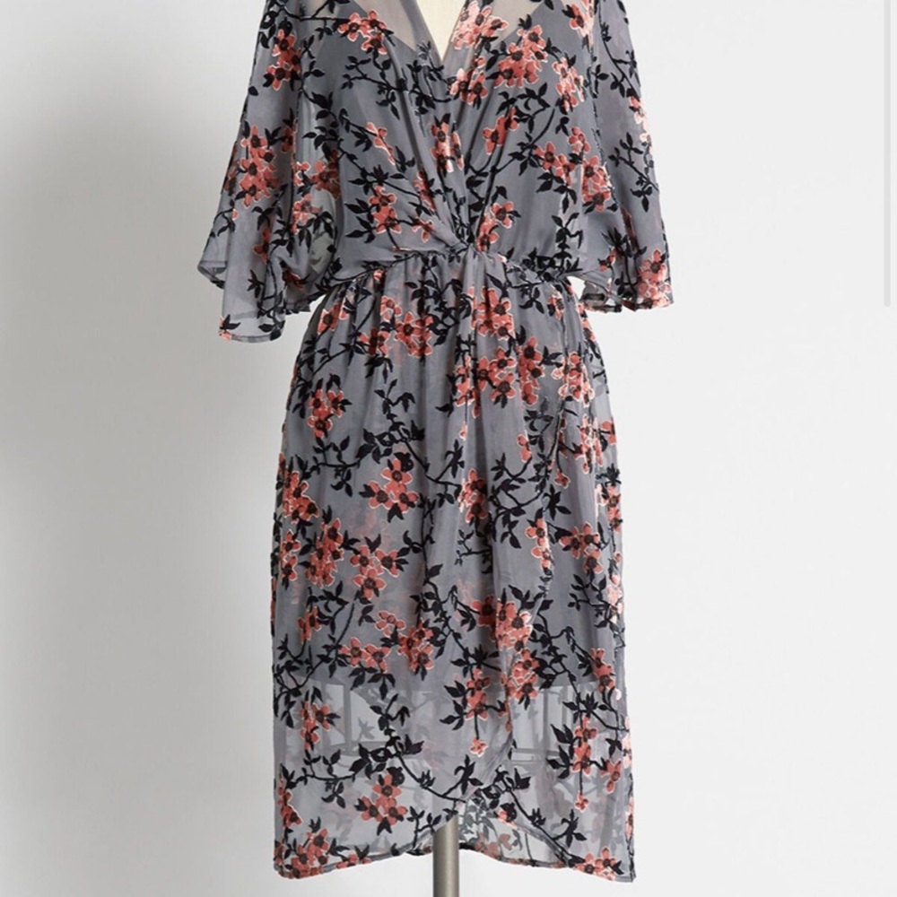 ModCloth Dramatic Depths dress in grey cherry blossom.